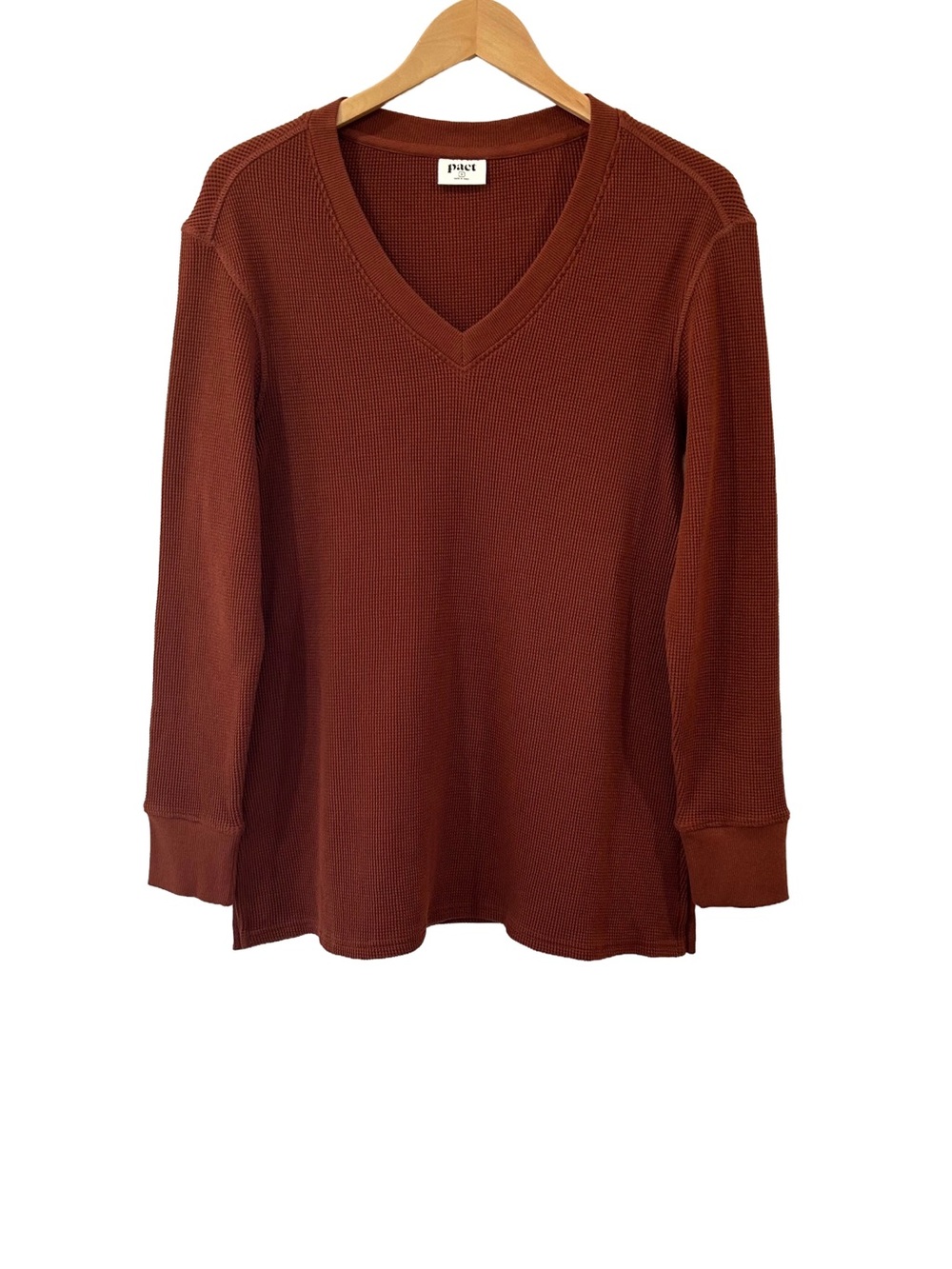 Pact women’s v-neck waffle knit tunic top S rust thermal organic cotton NWOT